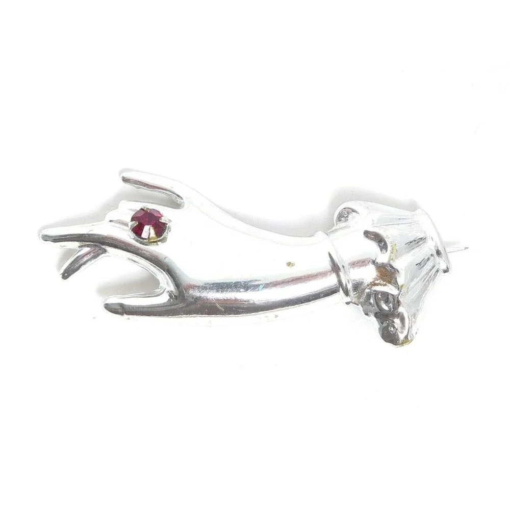 Vintage ART DECO Silver Plated HAND Brooch Figural Rhinestone Accent C-clasp PIN